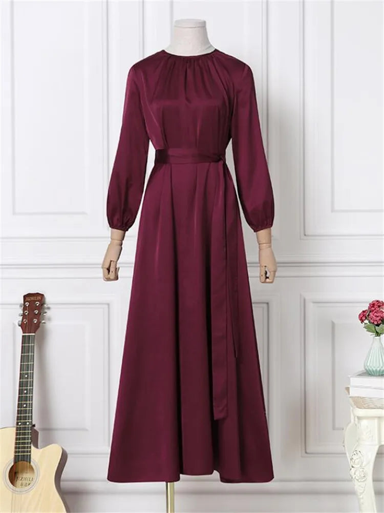 Fashion Muslim Dress Women Satin Party Sundress ZANZEA Puff Sleeve Maxi Vestidos Belted Female Solid Marocain Turkish Robe Femme