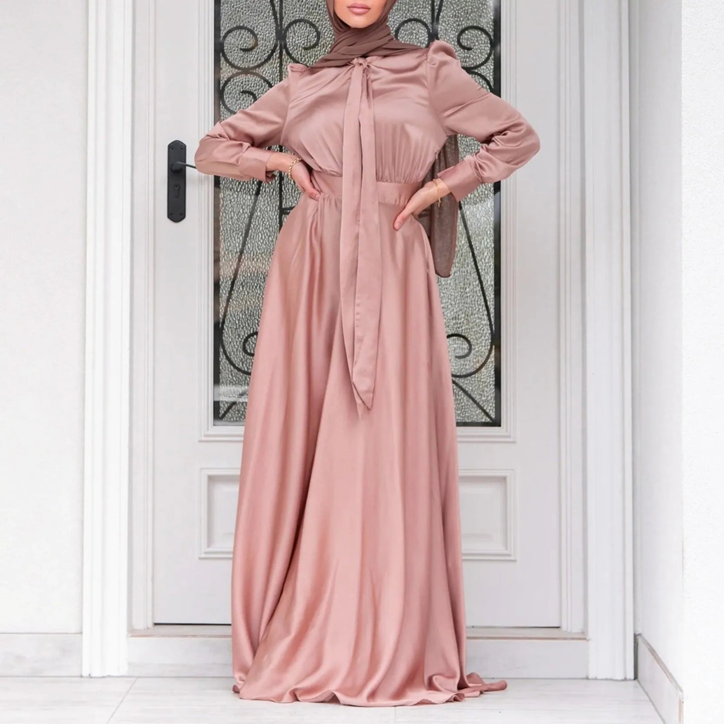 Women's Elegant Temperament Muslim Satin Dress Soft And Stylish Solid Color Long Evening Dress Loose Lace-up Dubai Dress