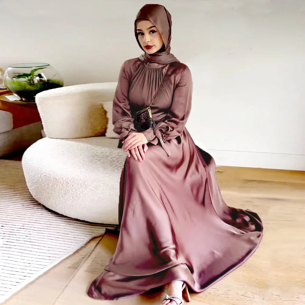 Ramadan Eid Fashion Muslim Dress Silky Soft Robe Musulmane Abaya Elegant Silky Muslim Arab Worship Service Clothing WY1461