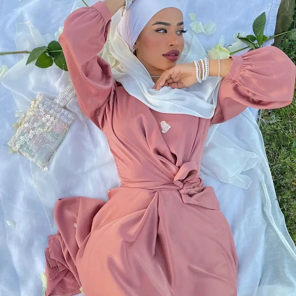 Summer Satin Abaya for Women Muslim Wrap Hijab Dress Eid Ramadan Abayas Dubai African Dresses Turkey Islamic Modest Kaftan Robe