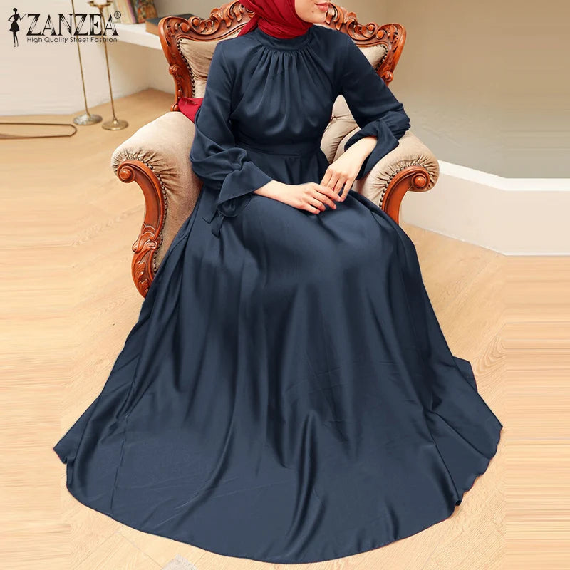 ZANZEA Elegant Satin Long Dresses Women Muslim Fashion Cinched Waist Hijab Islamic Abaya Robes 2024 Autumn Long Sleeve Vestidos