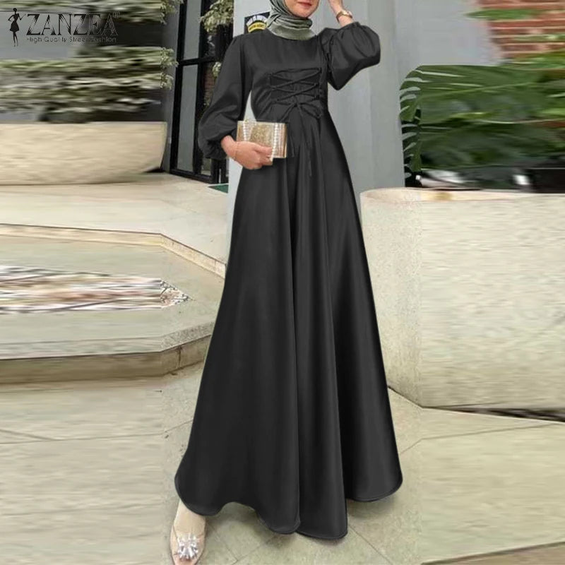 ZANZEA Elegant Women Dress Autumn Abaya Hijab Islamic Clothing Muslim Maxi Dresses Fashion Long Sleeve Lace Up Satin Sundress