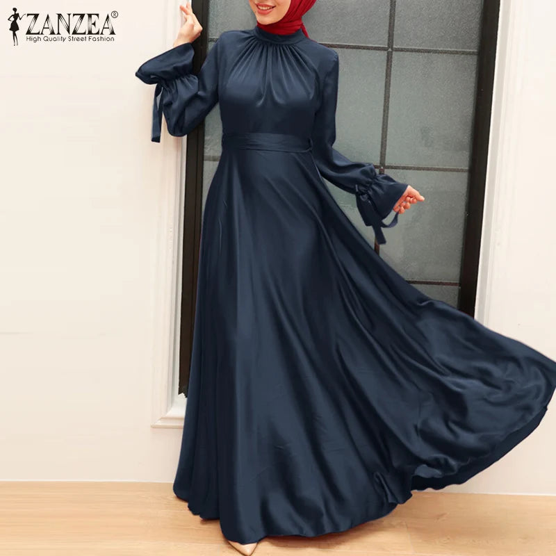 ZANZEA Muslim Fashion Satin Long Dresses Women Elegant Cinched Waist Long Sleeve Hijab Islamic Abaya Robes 2024 Autumn Vestidos