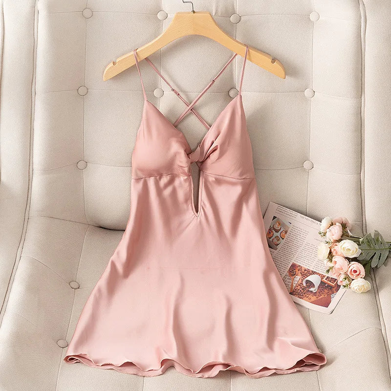 Female Nightdress Sexy Backless Spaghetti Strap Nightgown Sleepwear Spring Summer Nightwear Loose Silk Satin Home Dress Lingerie