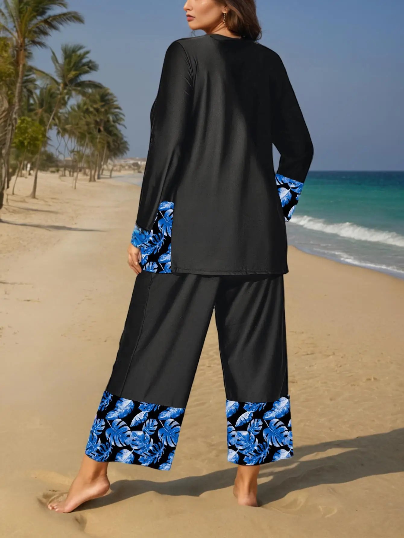 Women Muslim Swimwear Maple Leaf Printing Lslamic Clothes Hijab Long Sleeves Sport Swimsuit Burkinis Bathing Suit Abaya