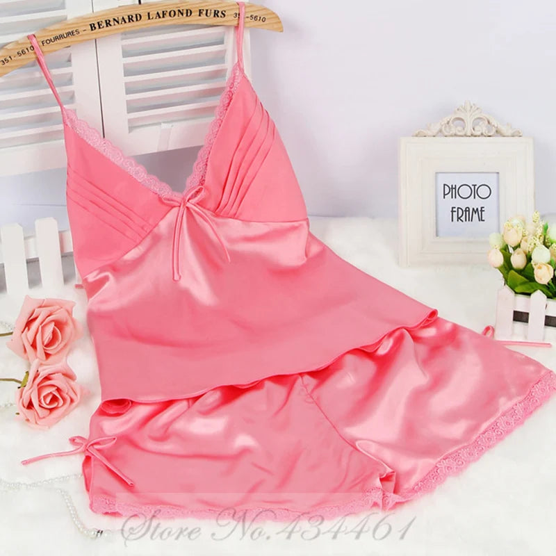 PLUS SIZE Suspender Pajamas Set Sleepwear Sexy Lace Bow Cami Shorts Pijamas Suit Lingerie Summer New Female Silky Satin Homewear