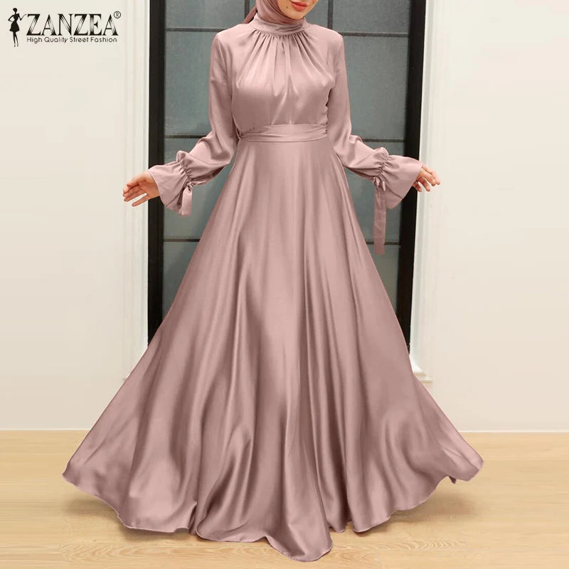 ZANZEA Muslim Fashion Satin Long Dresses Women Elegant Cinched Waist Long Sleeve Hijab Islamic Abaya Robes 2024 Autumn Vestidos