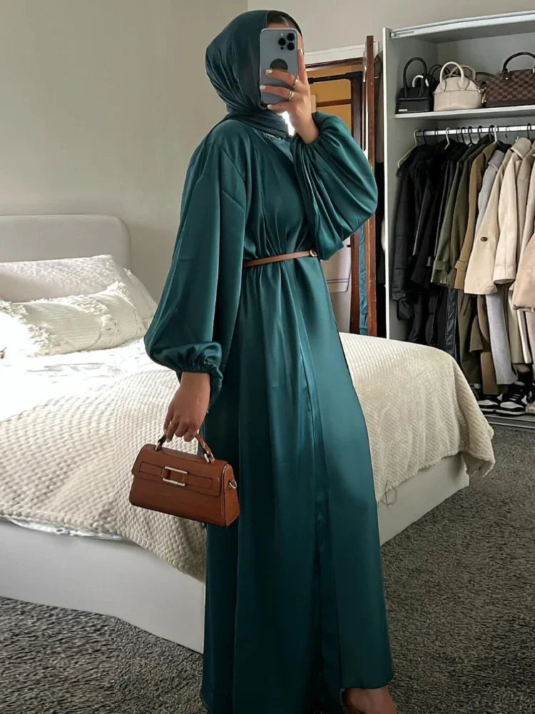 Eid Muslim Jalabiya Dress for Women Satin Abaya 2 Piece Set Ramadan Long Dresses Abayas Woman Belt Robe Caftan Vestidos Largos