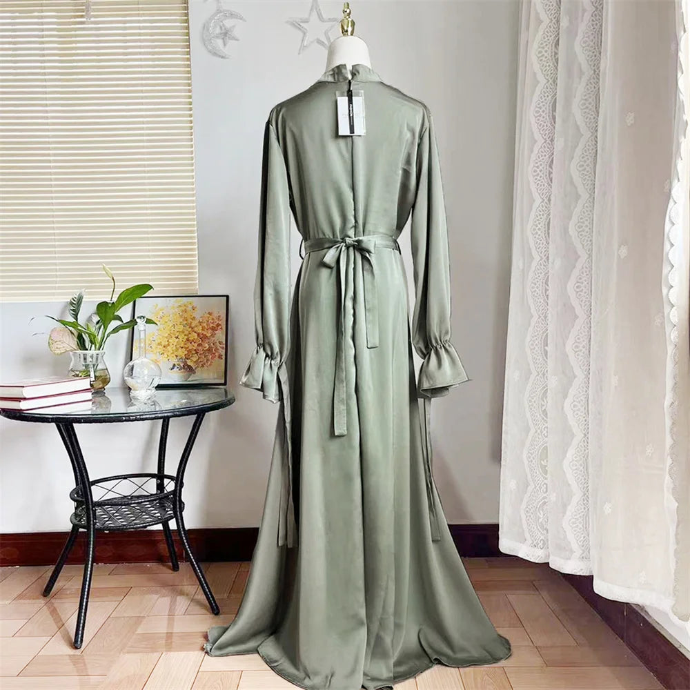 2024 New Eid Modest Satin Khimar Abaya Dubai Luxury Muslim Islam Arabic Abayas For Women Kaftan Hijab Dress Robe Femme Musulmane