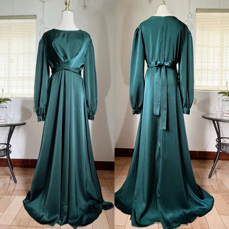 2023 Women Satin Robe Evening Party Long Dress Dubai Fashion Lace Up Belted Gown Muslim Abaya Kaftan Robe Ethnic Vestidos