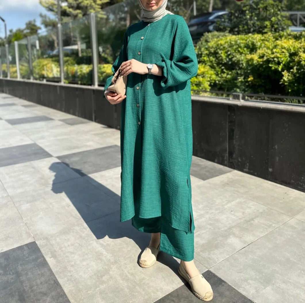 Muslim Dress for Women Blouse 2 Piece Set Long Sleeve Abaya Shirt Wide Leg Pant Suits Arabic Dubai Dresses Musulman Ensembles