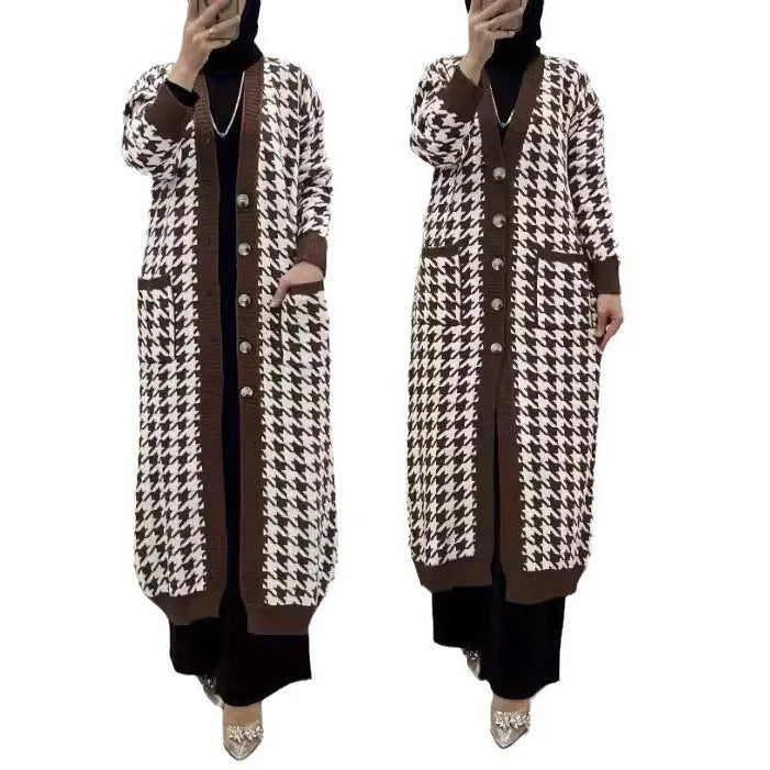 Muslim Women Knitted Coats Sweater Jacket Abaya Plaid Print Pockets Ramadan Modest Sweaters Morocco Dubai Casual Long Cardigan