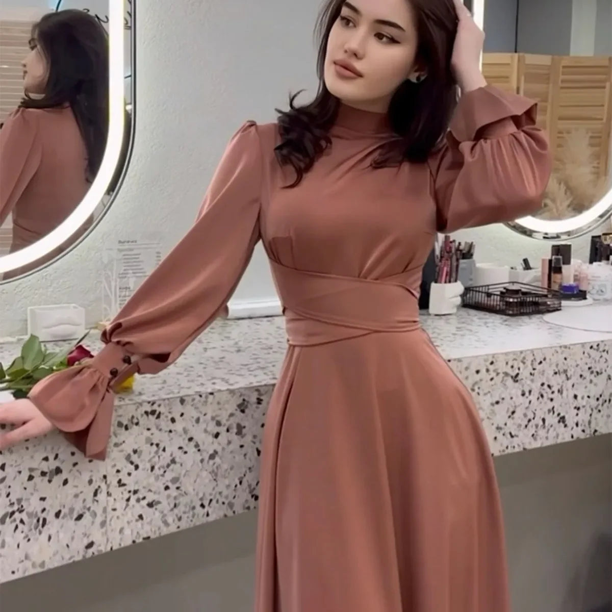 Elegant Temperament Dubai Abayas Satin Long Sleeves Dress for Women Casual Spring Muslim Dress Robe Femme Slim Evening Dresses