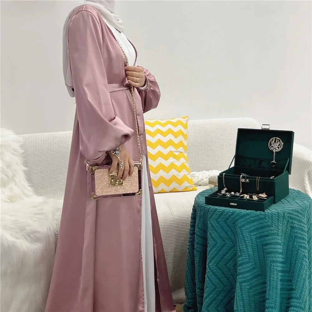 Satin Open Abaya Kimono Turkey BubbleSleeve Plain Abayas for Women Dubai 2023 Muslim Dress Islam Modest Outfit Kaftan Hijab Robe