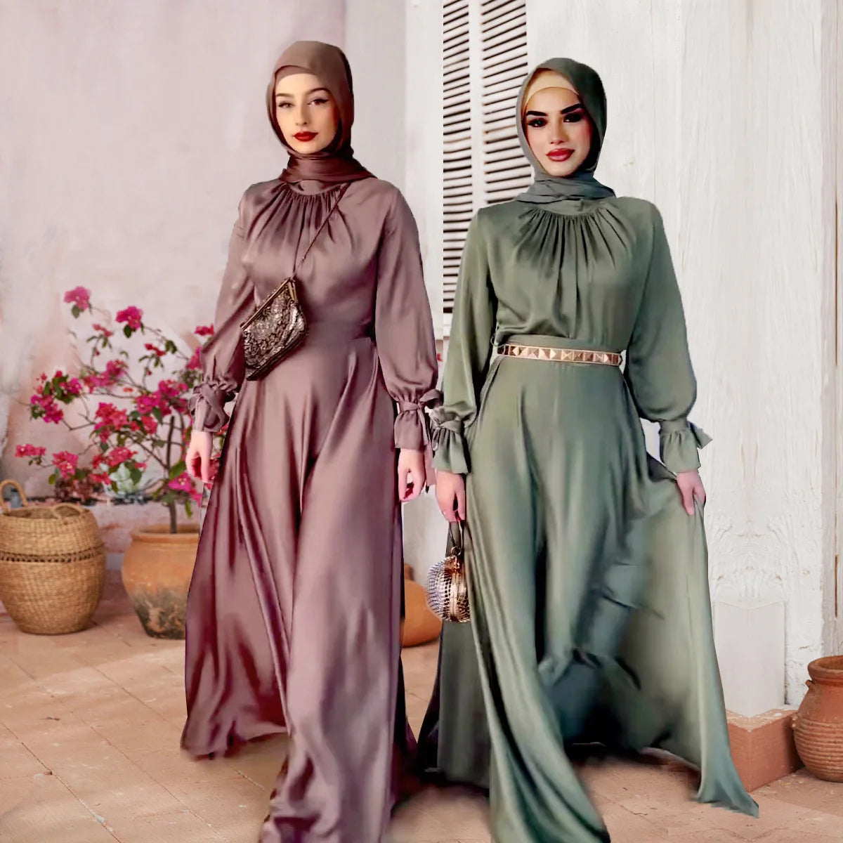 Eid Abaya Dubai Muslim Dress Women Saudi Arab Turkey Silk Lace-up Party Dresses Ramadan Islam Abayas Belt Vestidos Caftan Kaftan