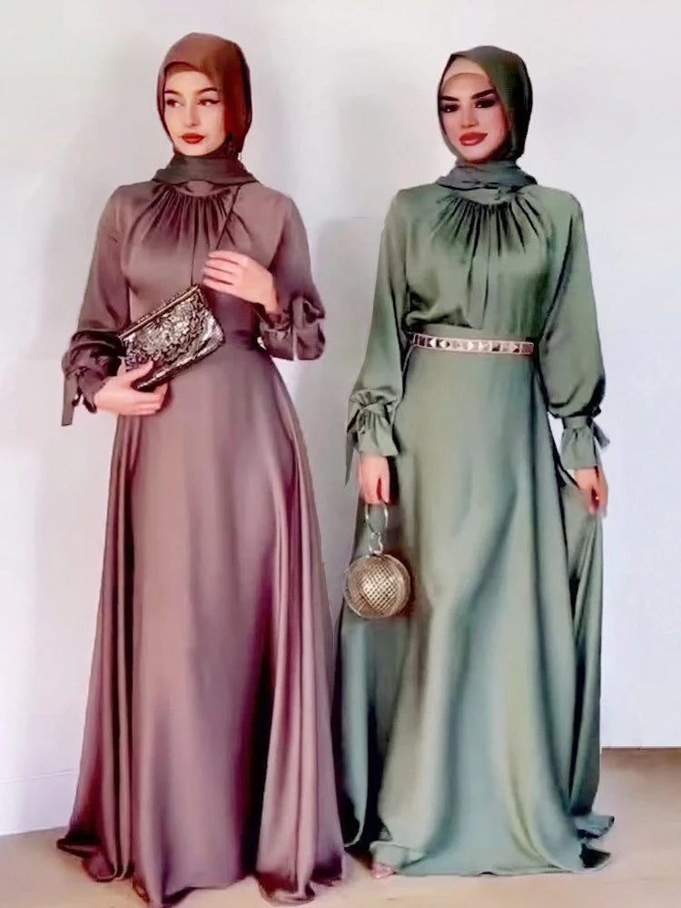 Eid Abaya Dubai Muslim Dress Women Saudi Arab Turkey Silk Lace-up Party Dresses Ramadan Islam Abayas Belt Vestidos Caftan Kaftan