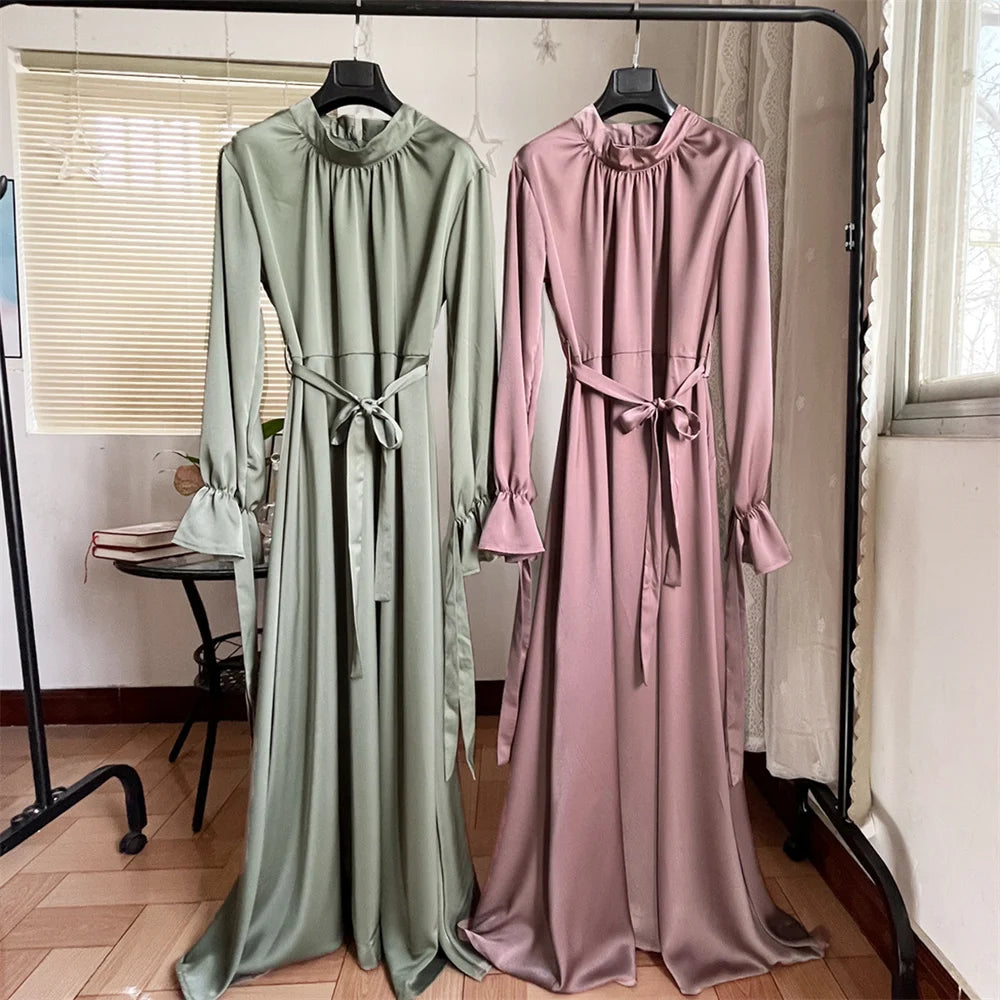 2024 New Eid Modest Satin Khimar Abaya Dubai Luxury Muslim Islam Arabic Abayas For Women Kaftan Hijab Dress Robe Femme Musulmane