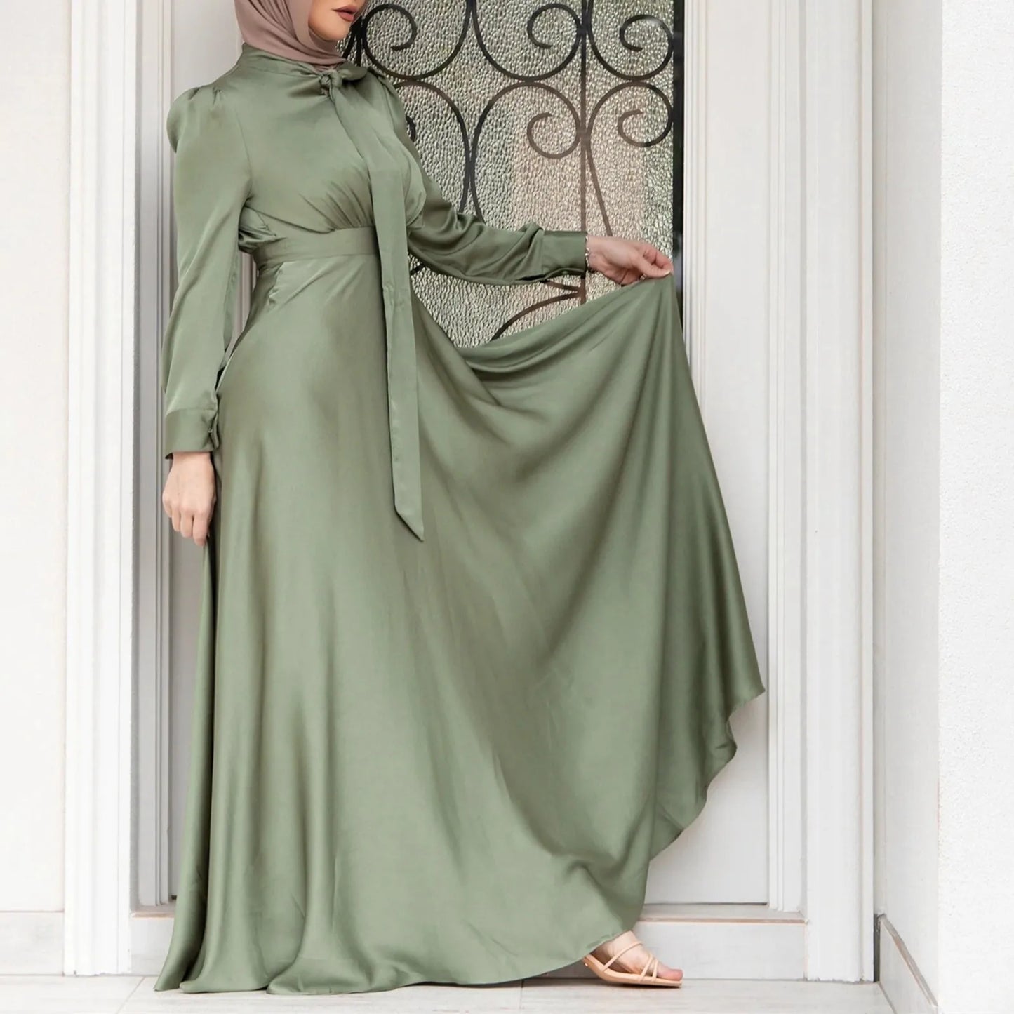 Women's Elegant Temperament Muslim Satin Dress Soft And Stylish Solid Color Long Evening Dress Loose Lace-up Dubai Dress