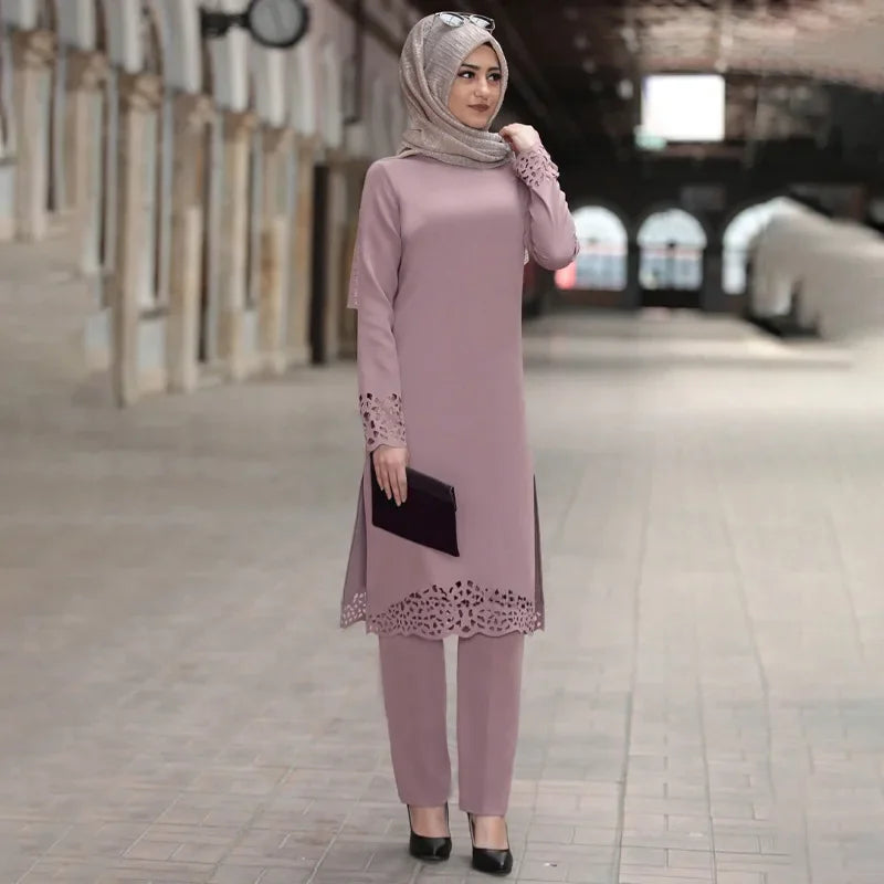 2025 Women Muslim Abaya Sets Fashion Hollow Out Long Sleeve Dreess and Pants Two Pieces Women Islamic Clothing Arab Dubai Kaftan