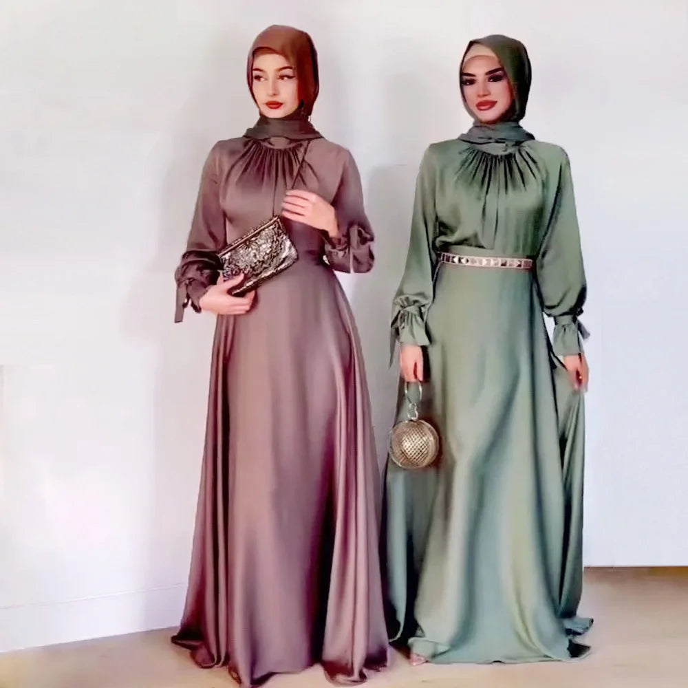 Eid Abaya Dubai Muslim Dress Women Saudi Arab Turkey Silk Lace-up Party Dresses Ramadan Islam Abayas Belt Vestidos Caftan Kaftan