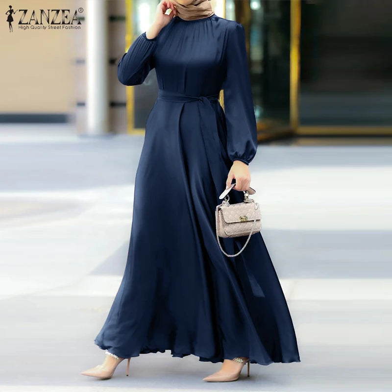 Fashion Muslim Dress Women Satin Party Sundress ZANZEA Puff Sleeve Maxi Vestidos Belted Female Solid Marocain Turkish Robe Femme