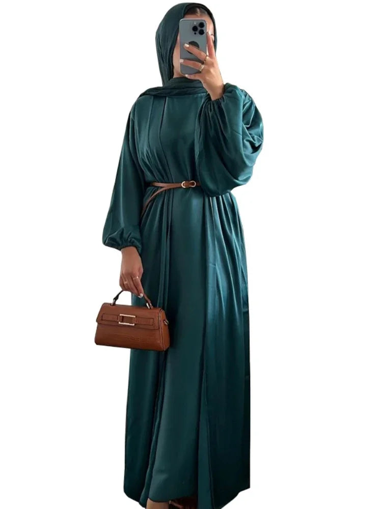 Eid Muslim Jalabiya Dress for Women Satin Abaya 2 Piece Set Ramadan Long Dresses Abayas Woman Belt Robe Caftan Vestidos Largos