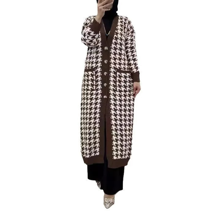 Muslim Women Knitted Coats Sweater Jacket Abaya Plaid Print Pockets Ramadan Modest Sweaters Morocco Dubai Casual Long Cardigan