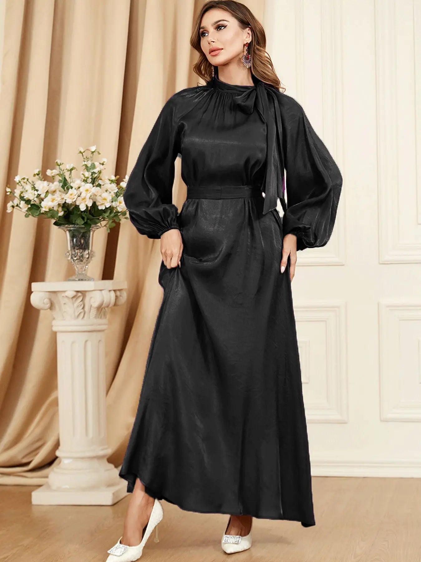 Bow Tie Neck Chic Eid Full Cover Ramadan Gown Puff Sleeve Morocco Muslim Dress Women Abaya Casual Islam Long Robe Femme Vestidos