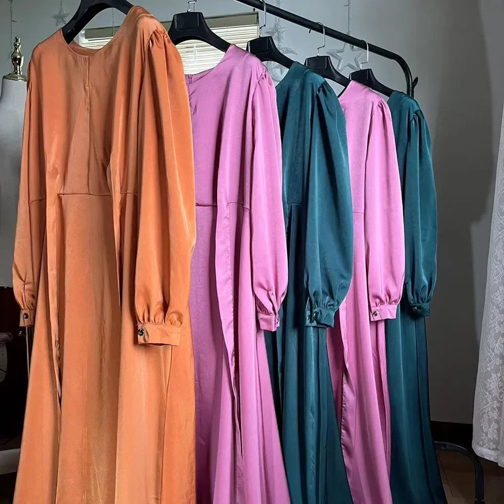 Summer Satin Abaya Hijab Muslim Wrap Dress Eid Mubarak African Dresses for Women Dubai Abayas Turkey Islamic Modest Kaftan Robe