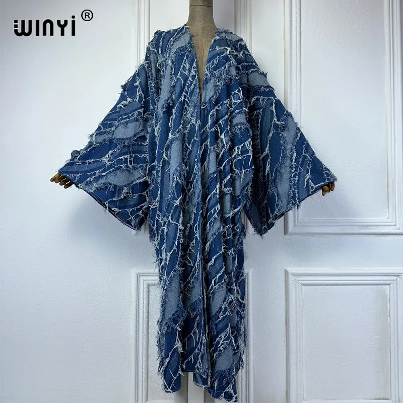 WINYI Kimono Washed jacquard denim with spliced raw edge Cardigan maxi Dress elegant Party Swimming beach Cover Up dress abaya