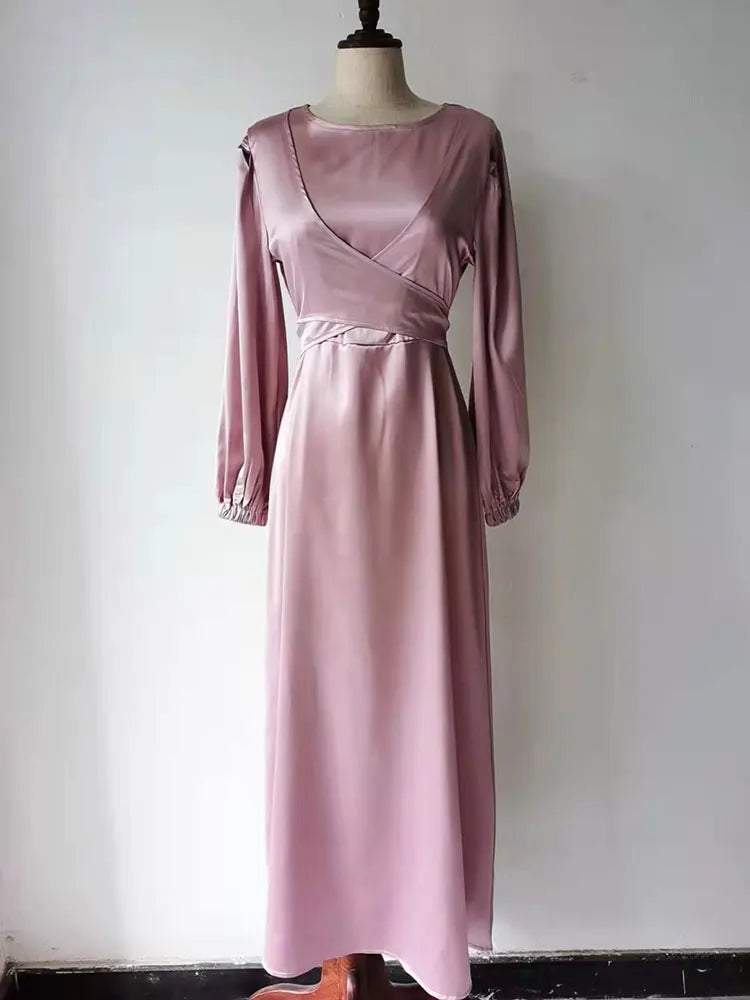 Elegant Abaya Satin Wrap Muslim Long Dress for Women Modern Hijab Robe Islamic Clothing Dubai Turkish Modest Dresses Ramadan Eid