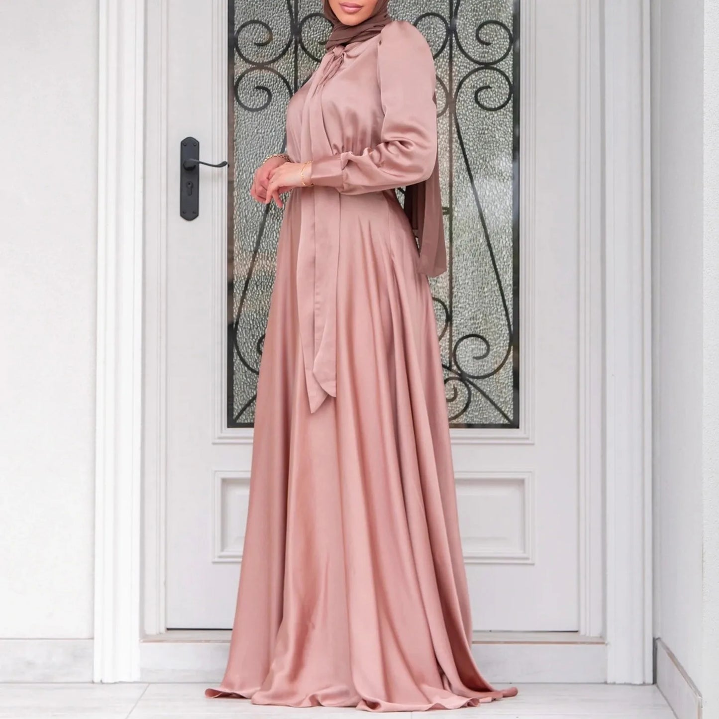 Women's Elegant Temperament Muslim Satin Dress Soft And Stylish Solid Color Long Evening Dress Loose Lace-up Dubai Dress