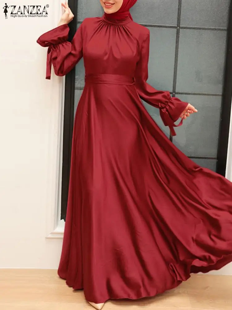 ZANZEA Elegant Satin Long Dresses Women Muslim Fashion Cinched Waist Hijab Islamic Abaya Robes 2024 Autumn Long Sleeve Vestidos