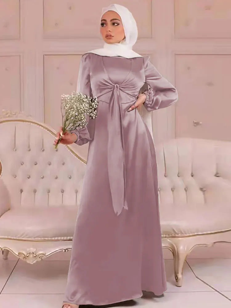 Elegant Abaya Satin Wrap Muslim Long Dress for Women Modern Hijab Robe Islamic Clothing Dubai Turkish Modest Dresses Ramadan Eid