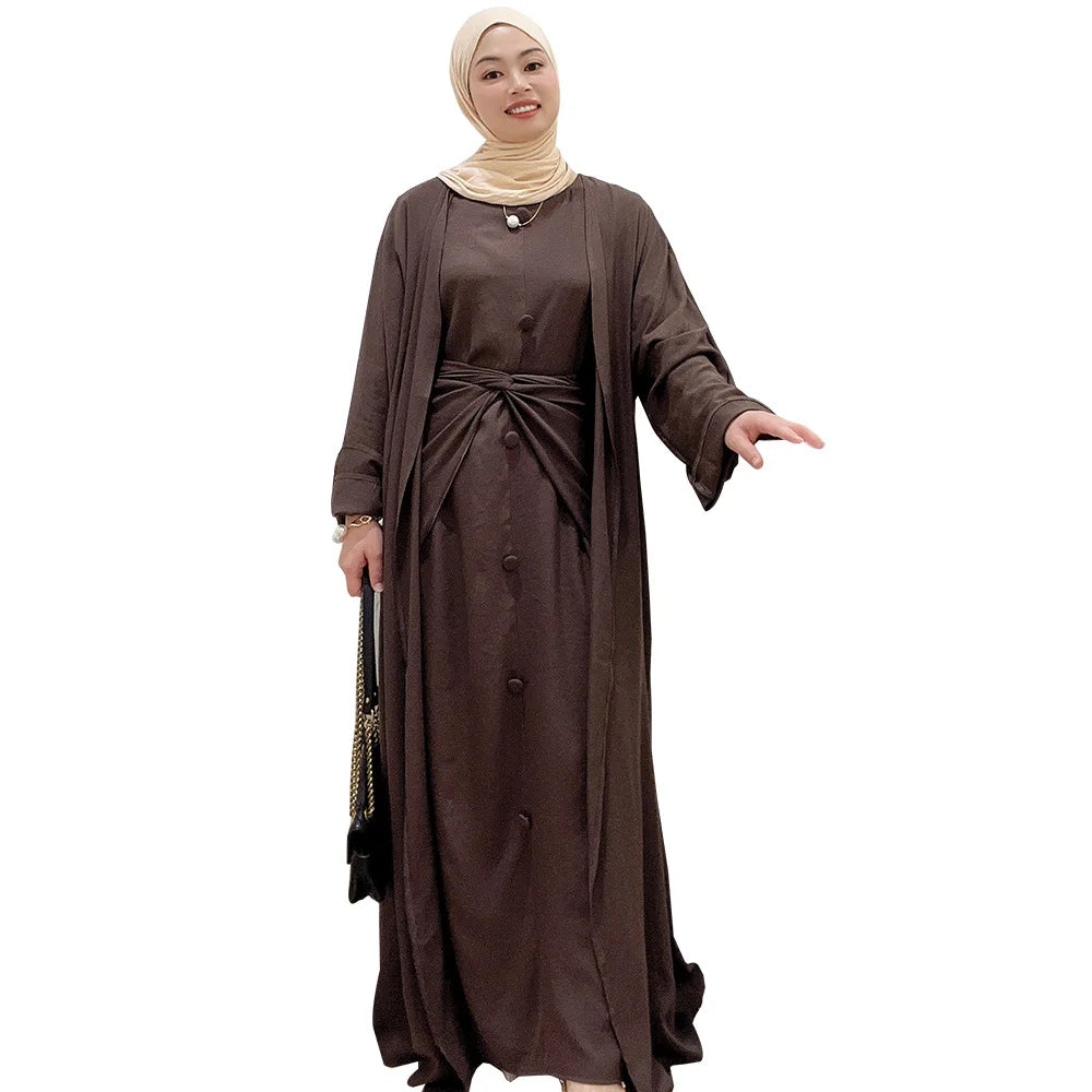 Fashion Muslim Kimono Abaya Cardigan Ramadan Dubai Turkey Eid Dress Islamic Loose Comfortable Solid Three Piece Set for Women