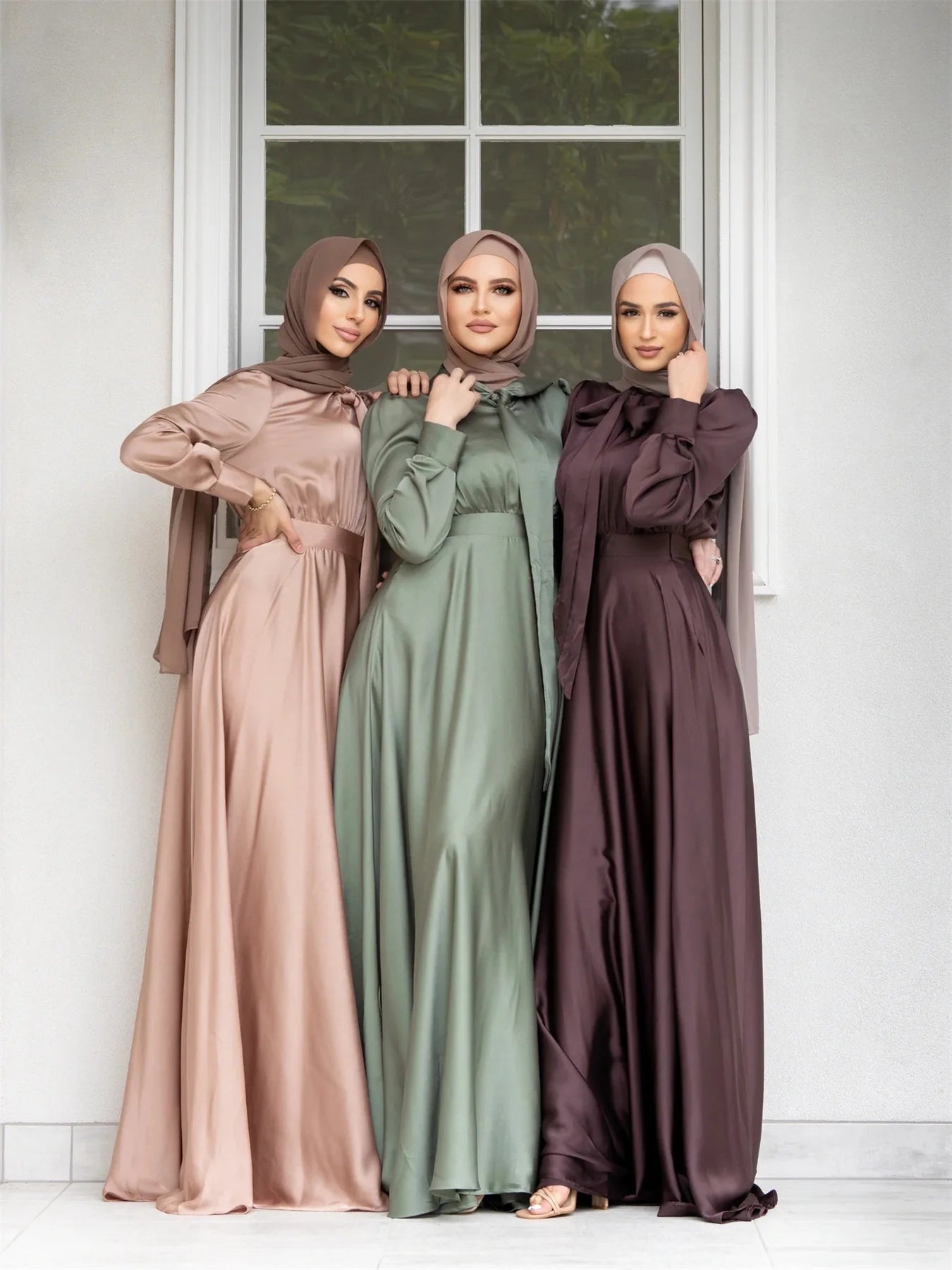 Elegant Satin Dress for Women Muslim Fashion Abaya Hijab Dubai Turkey Evening Dresses Arabic Kaftan Robe Female Islamic Clothing