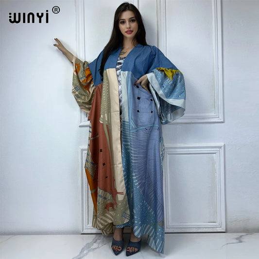 WINYI summer Denim patchwork printed cardigan for women OverCoat elegant kimono long down coat kimono maxi dress open abaya