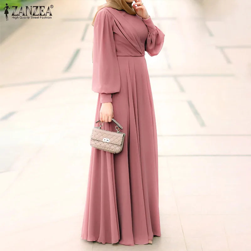 Women Spring Sundress ZANZEA Fashion Solid Muslim Dress Casual Abaya Marocain Turkish Robe Femme Lantern Sleeve Maxi Vestidos