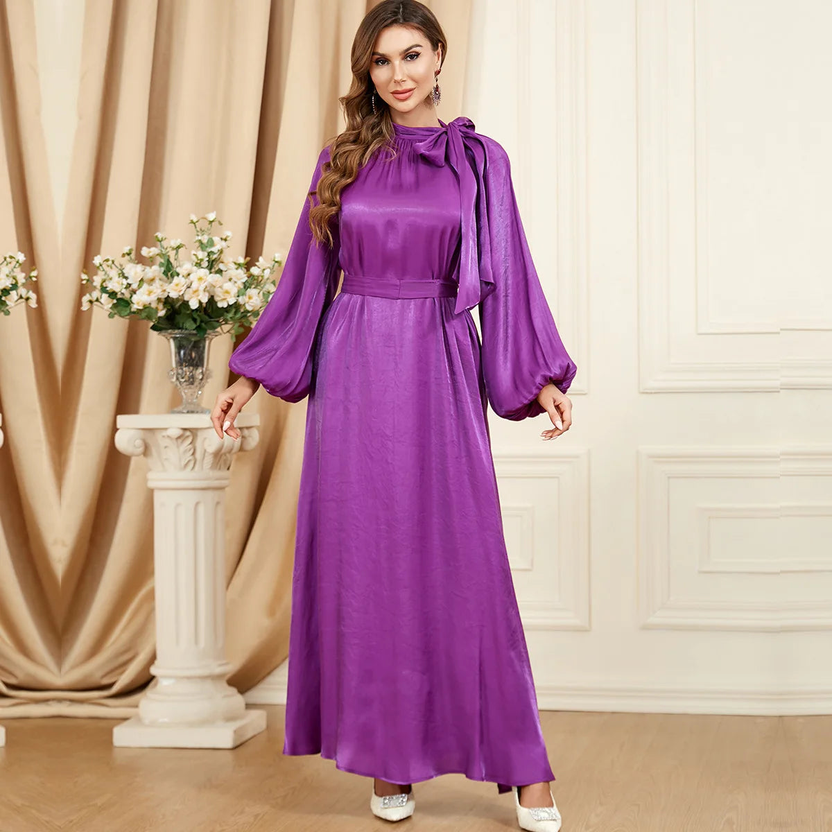 Bow Tie Neck Chic Eid Full Cover Ramadan Gown Puff Sleeve Morocco Muslim Dress Women Abaya Casual Islam Long Robe Femme Vestidos