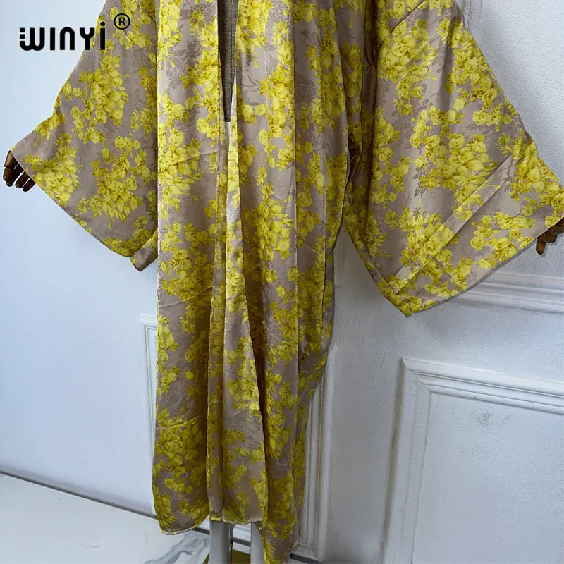 WINYI 2024 High-quality Double-sided Print Silk feel Dress Beach Wear Boho Cardigan abaya women muslim dress Long Sleeve Kimono