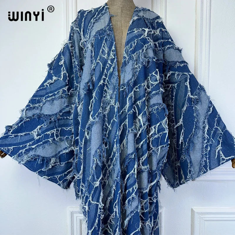 WINYI Kimono Washed jacquard denim with spliced raw edge Cardigan maxi Dress elegant Party Swimming beach Cover Up dress abaya