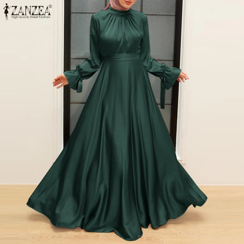 ZANZEA Muslim Fashion Satin Long Dresses Women Elegant Cinched Waist Long Sleeve Hijab Islamic Abaya Robes 2024 Autumn Vestidos