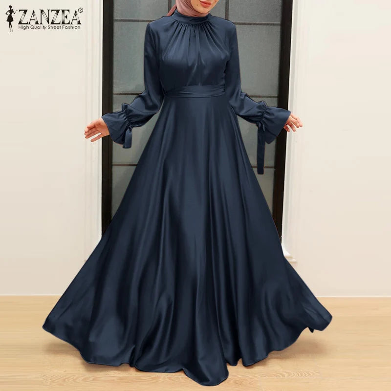 ZANZEA Elegant Satin Long Dresses Women Muslim Fashion Cinched Waist Hijab Islamic Abaya Robes 2024 Autumn Long Sleeve Vestidos