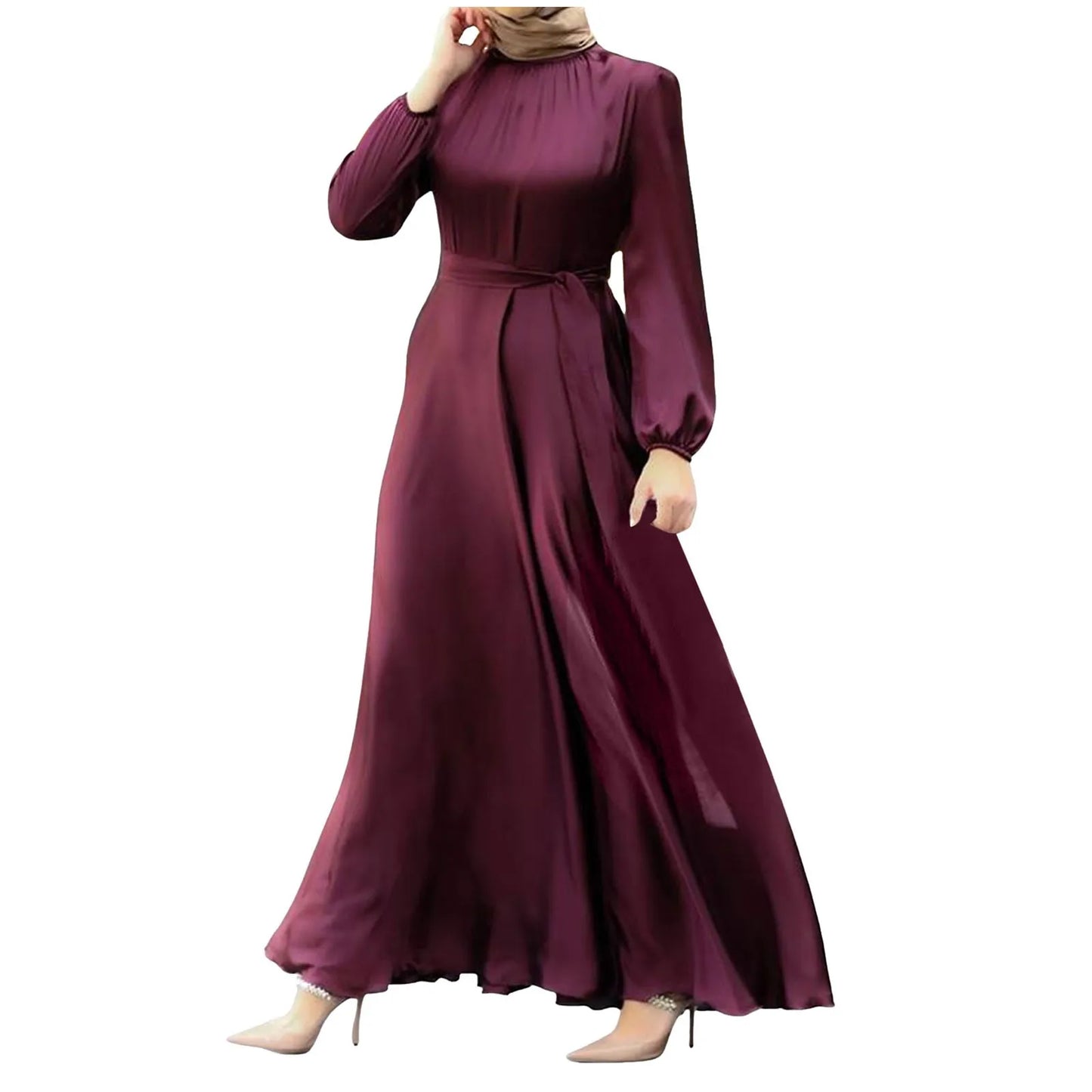 Women'S Muslim Party Solid Satin Maxi Dress 2024 Summer Chic Elegant Puff Sleeve Robe Casual Holiday Swing Kaftan Ol Dubai Abaya