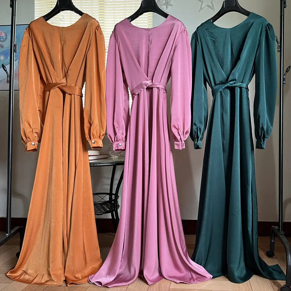 2023 Women Satin Robe Evening Party Long Dress Dubai Fashion Lace Up Belted Gown Muslim Abaya Kaftan Robe Ethnic Vestidos