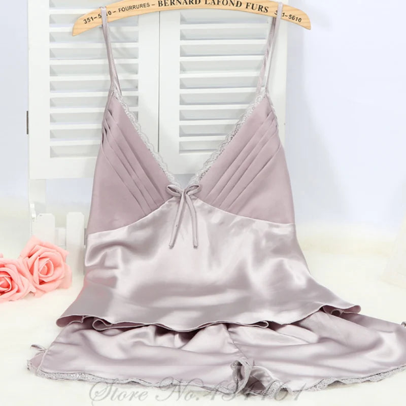 PLUS SIZE Suspender Pajamas Set Sleepwear Sexy Lace Bow Cami Shorts Pijamas Suit Lingerie Summer New Female Silky Satin Homewear