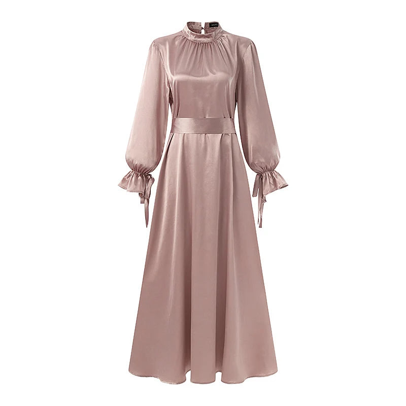 ZANZEA Elegant Satin Long Dresses Women Muslim Fashion Cinched Waist Hijab Islamic Abaya Robes 2024 Autumn Long Sleeve Vestidos