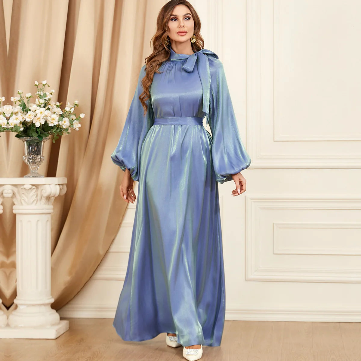 Bow Tie Neck Chic Eid Full Cover Ramadan Gown Puff Sleeve Morocco Muslim Dress Women Abaya Casual Islam Long Robe Femme Vestidos