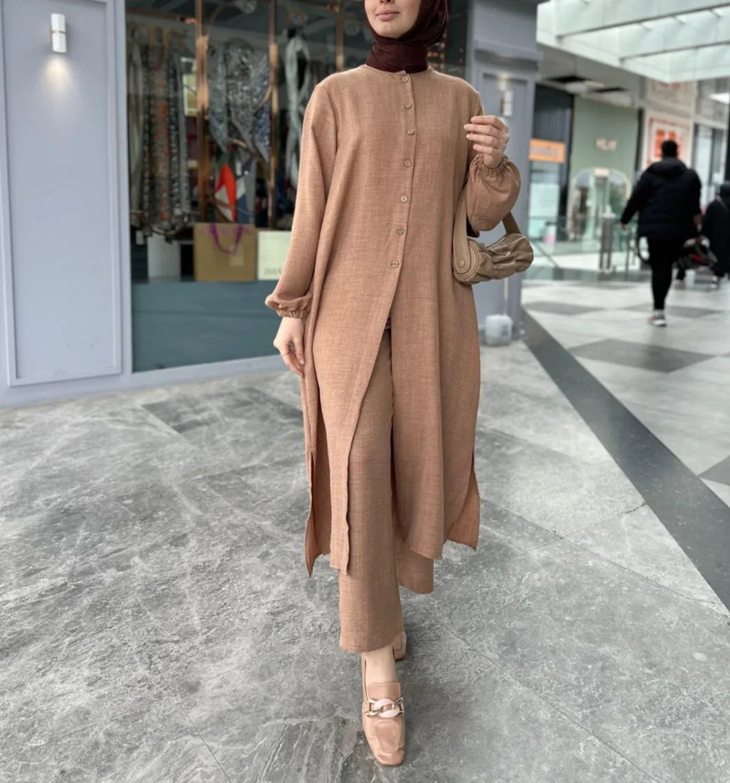 Muslim Dress for Women Blouse 2 Piece Set Long Sleeve Abaya Shirt Wide Leg Pant Suits Arabic Dubai Dresses Musulman Ensembles