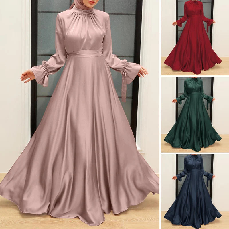 ZANZEA Elegant Satin Long Dresses Women Muslim Fashion Cinched Waist Hijab Islamic Abaya Robes 2024 Autumn Long Sleeve Vestidos